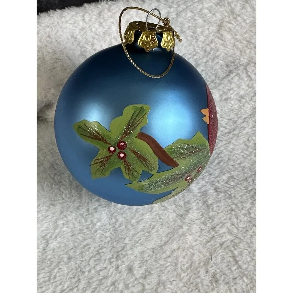 Hand‎ painted Glass Christmas Ornament Red Cardinal Holly Berries Artist Vintage